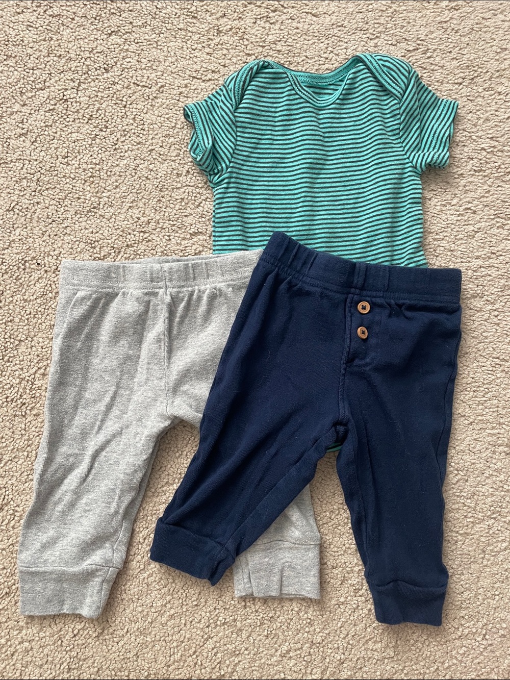 Striped Teal Baby Bodysuit with Navy and Gray Pants Set